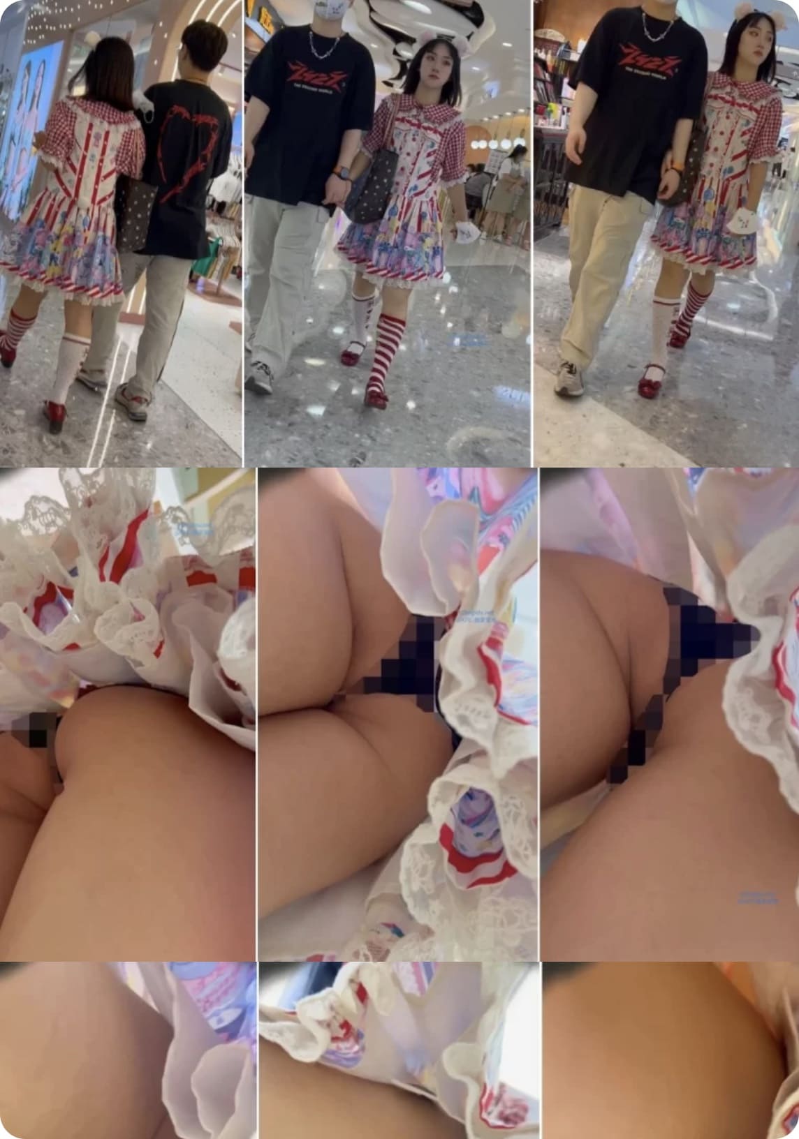 猫耳朵洛丽塔学妹和男友逛街。花袜子黑色窄内