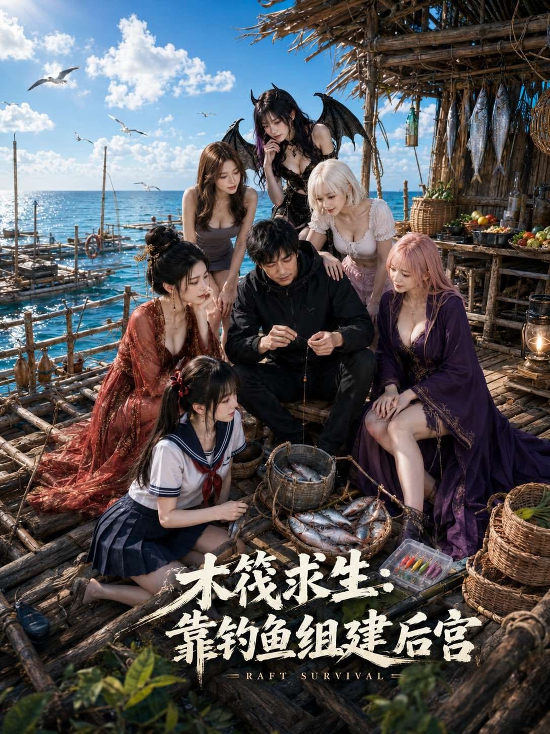 AI短剧《木筏求生靠钓鱼组建后宫》1-7集 拿下少妇